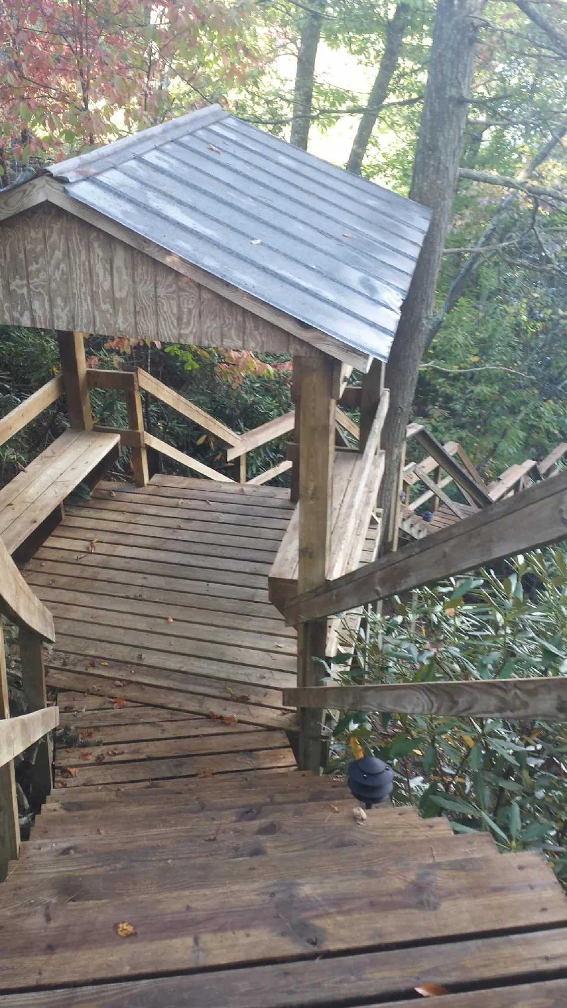 Metal roofed shelter over wooden steps on a wooded walkway — Skylight Repair & Installation work by our crew in Kilgore